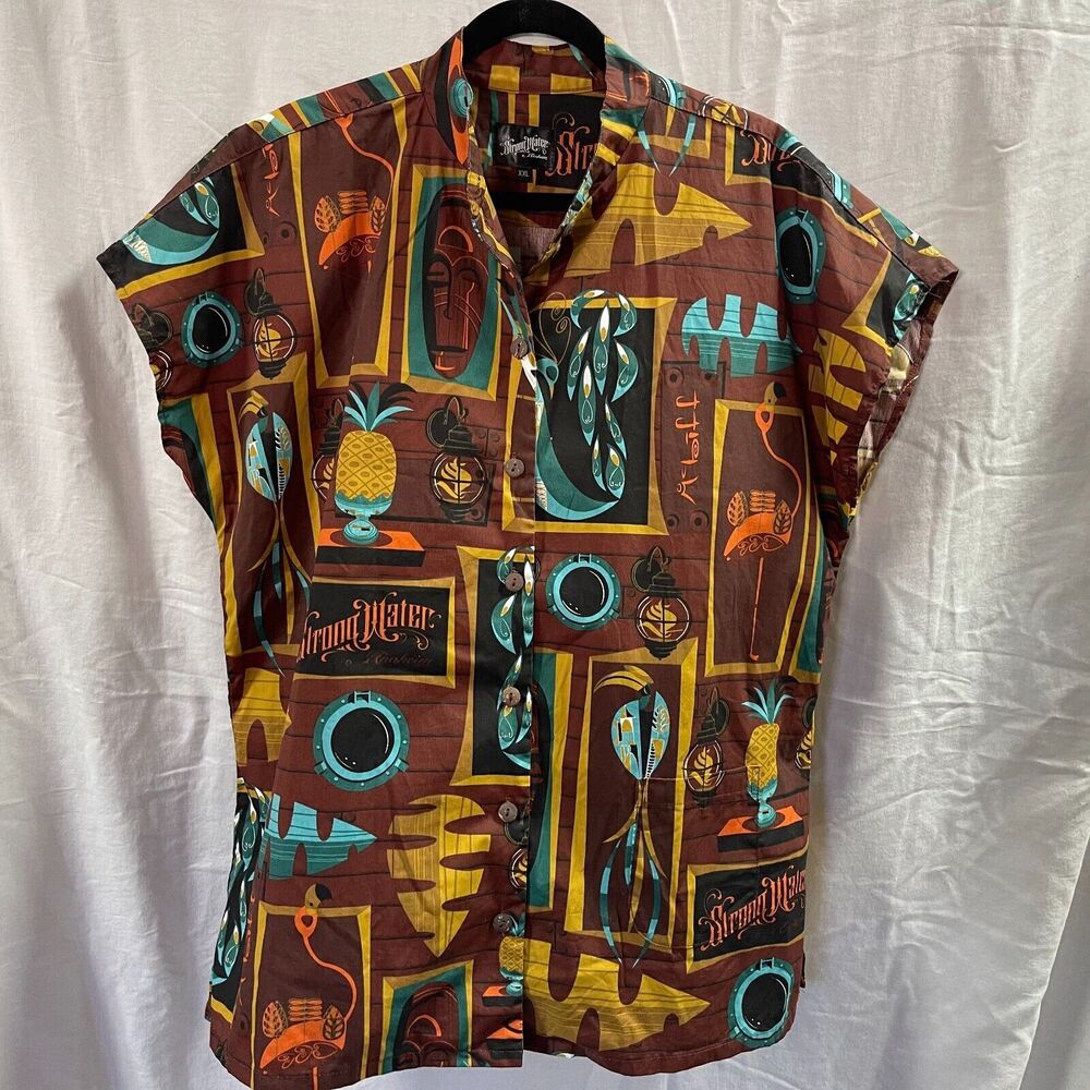 Strong Water Anaheim Tiki Bar Womens Hawaiian Tea Time Button Up Shirt XXL